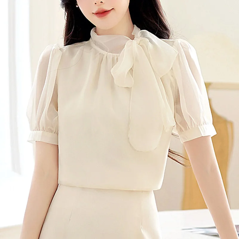 

2026 Summer Short Sleeve Bow Collar Fashion Women Blouse Apricot Chiffon Blouse Shirts Women Tops Blusas De Mujer Camisas N600
