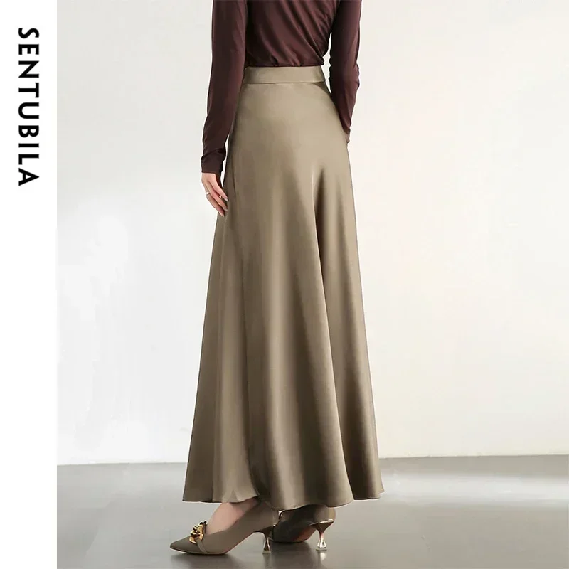 SENTUBILA Luxury Style Satin Skirts Women 2024 Autumn Temperament Ruffles High-waist Zipper Evening Party Midi Skirt 133Q51734