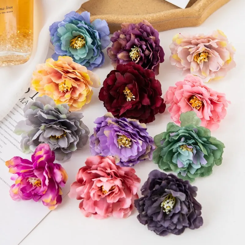 30PC 6CM Artificial Peony Flowers Head for Wedding Home Decoration Diy Candy Box Corsage Wreath Fall Vivid Fake Silk Stamen