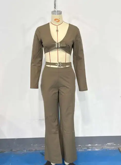 

2025 New Fashionable and Sexy Deep V-Neck Exposed Navel Short Sleeved Top with Hollowed Out Waist Design Micro Flared Pants Set