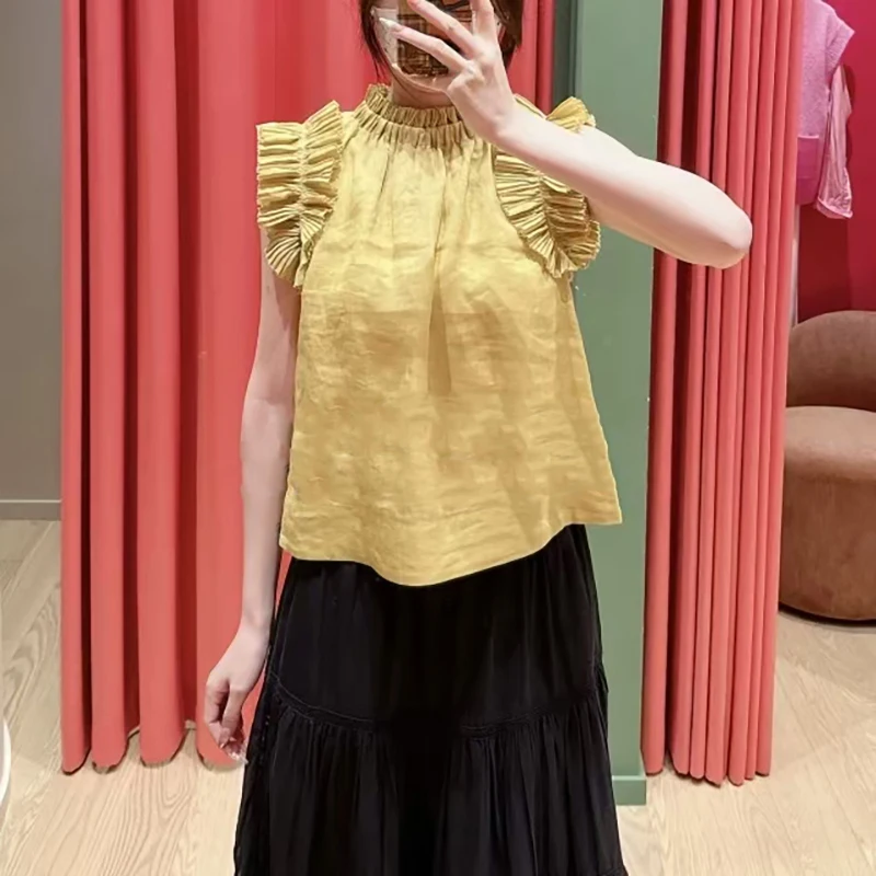 

Spring Summer Women's Cotton Linen Blend Breathable Wood Grain Sleeveless round Neck Overhead Shirt Casual Loose Fit Sol...
