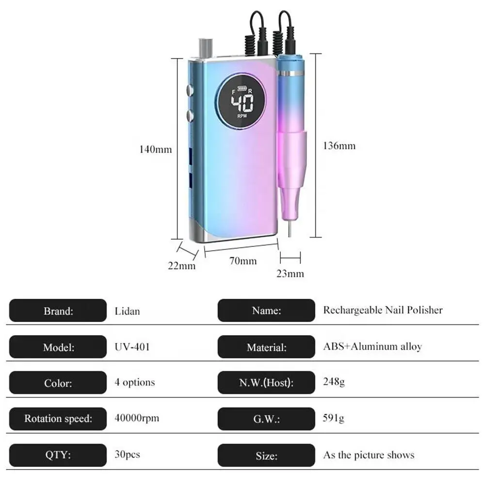 Profissional portátil Nail Drill Bits Set, armazenamento elétrico, ferramenta de moagem, recarregável, Bits, Manicure, 40000RPM