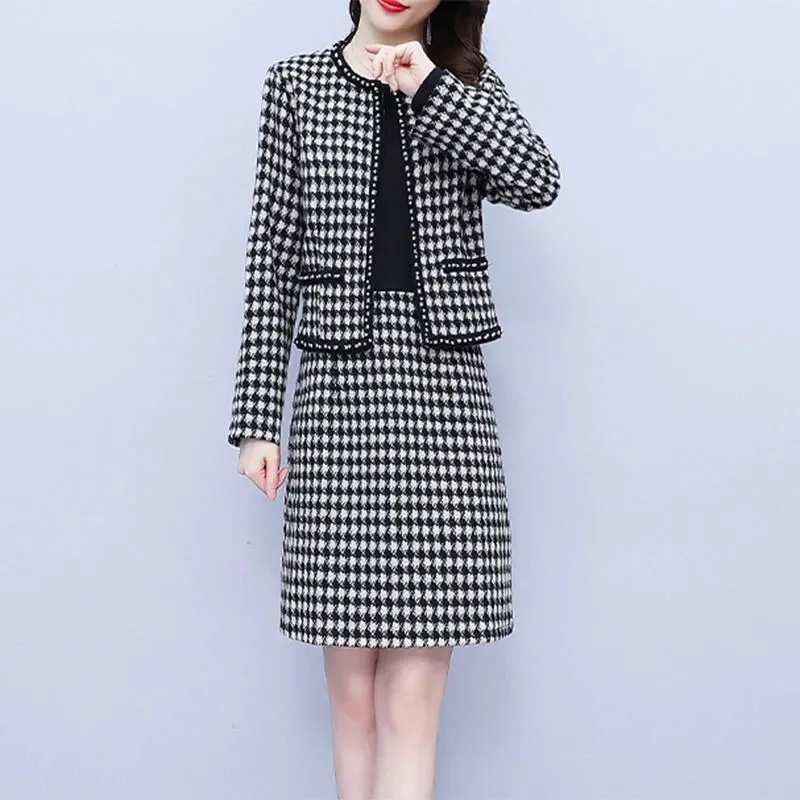New Womens Thousand-bird Lattice Dress Set Spring Autumn Small Fragrant Wind Jacket Dresses Two-piece Female Casual Dresses Sets