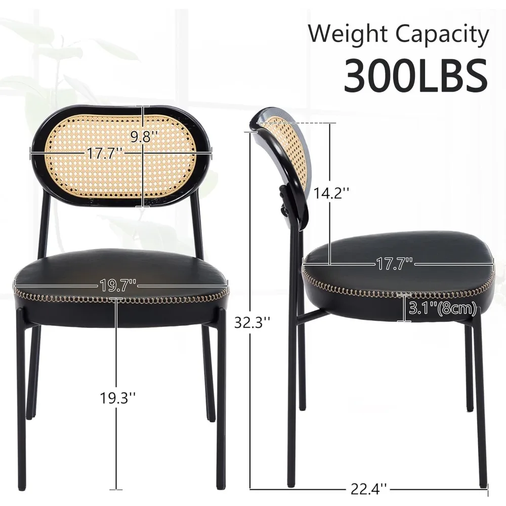 Rattan Dining Chairs Set of 2, Black Leather Upholstered Dining Chairs with Rattan Cane Back, Mid Century Modern Dining Room