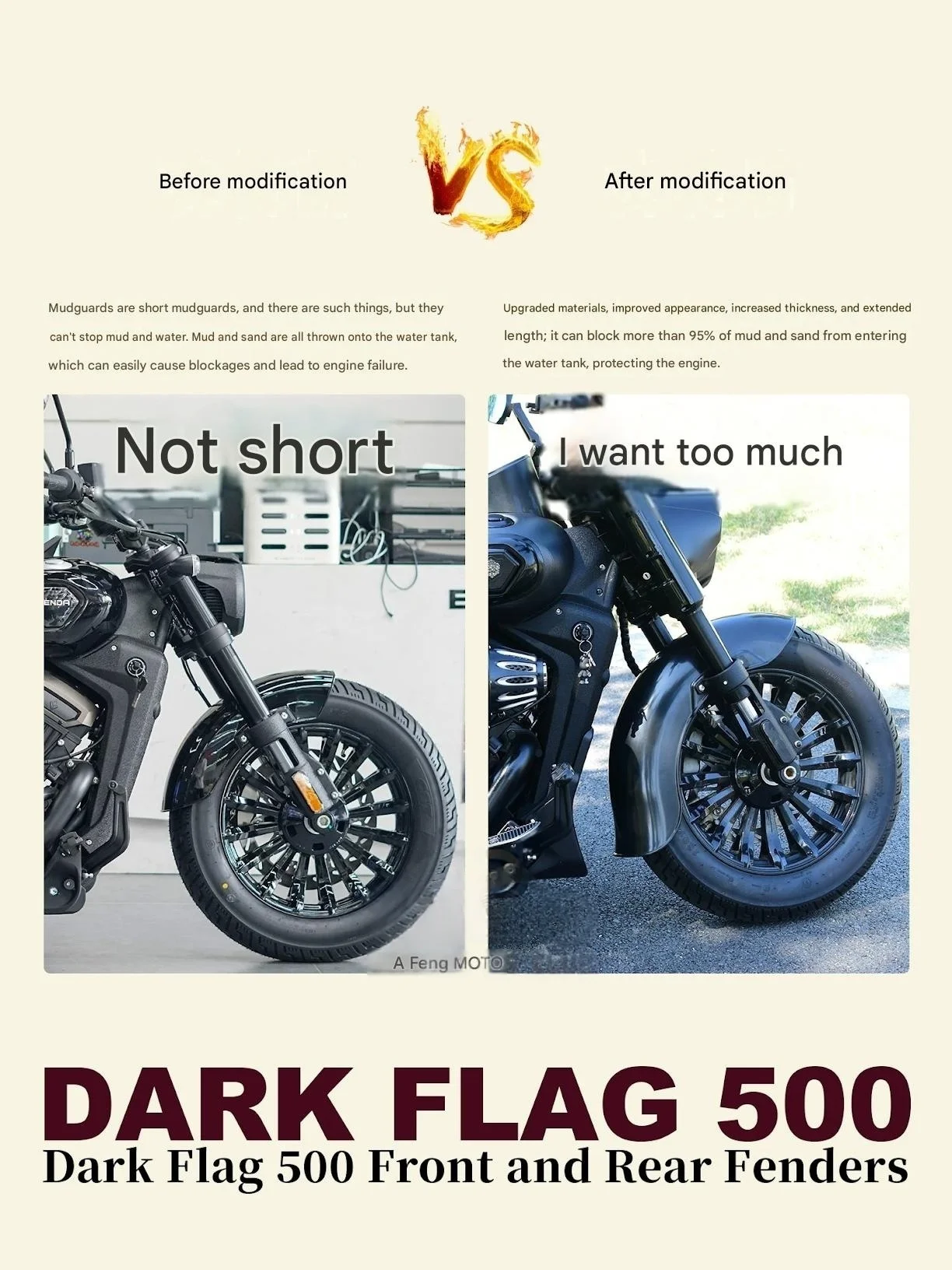 FOR Benda Dark Flag 950 Lengthened Reinforced Front Fender Original Molded Quick Install Motorcycle Part Accessory