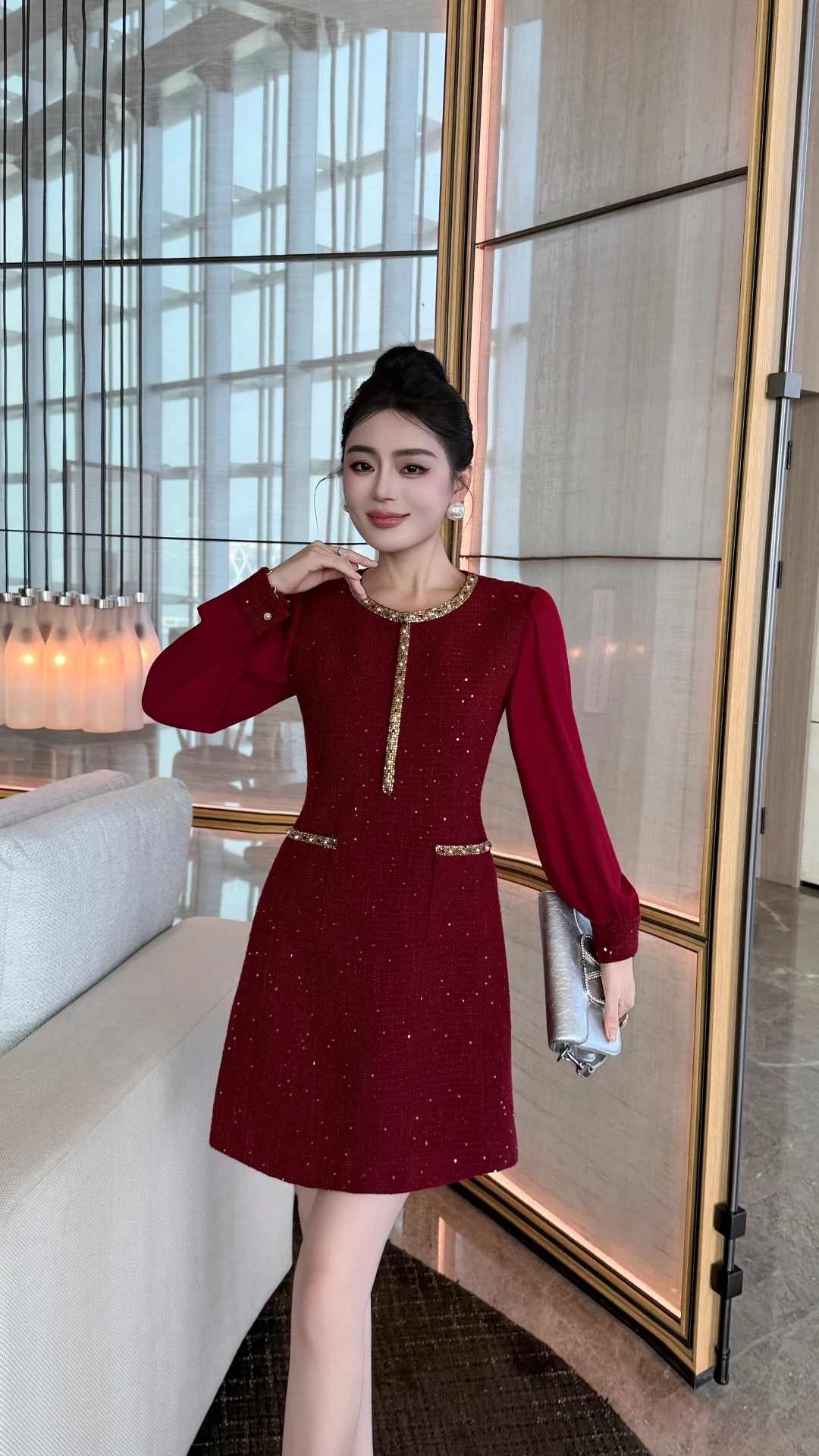 ZJYT diseñador moda mujer rebordear Tweed vestido de lana Otoño Invierno nueva manga larga Vintage Casual fiesta vestidos cortos rojo