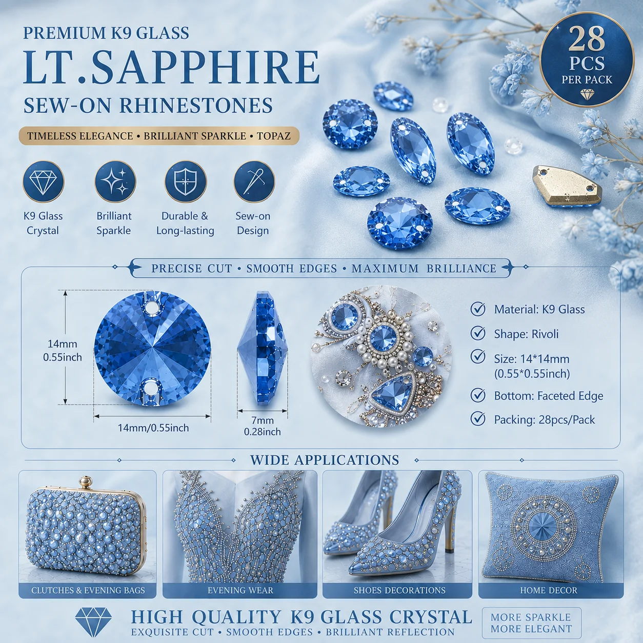 5A K9 Sew On Rhinestones Lt.Sapphire Multi Shapes Rivoli14x14 Nevette9x18 Teardrop11x18 Cosmic10x14 Xirius10x10 Galactic9x14 DIY