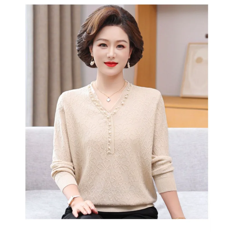 

Женский однотонный пуловер с бусинами и v-образным вырезом, повседневный модный топ с длинными рукавами