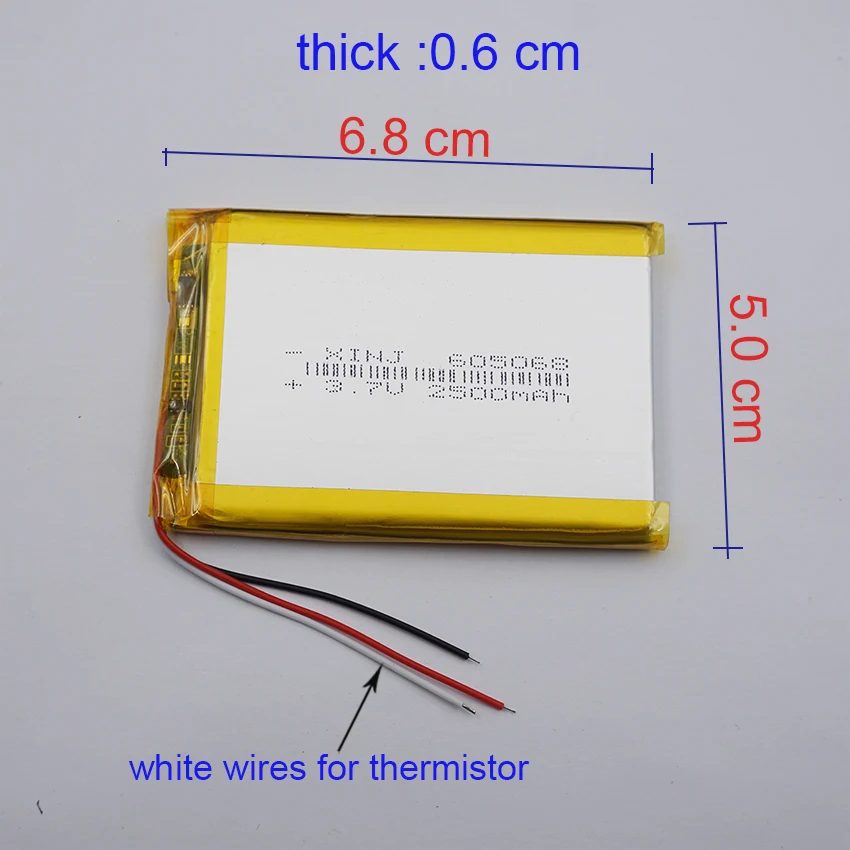 3,7 V 2500 mAh 9,25 Wh 3-przewodowa bateria litowo-polimerowa z termistorem 605068   Złącze Lipo JST 3Pin do tabletu z kamerą samochodową