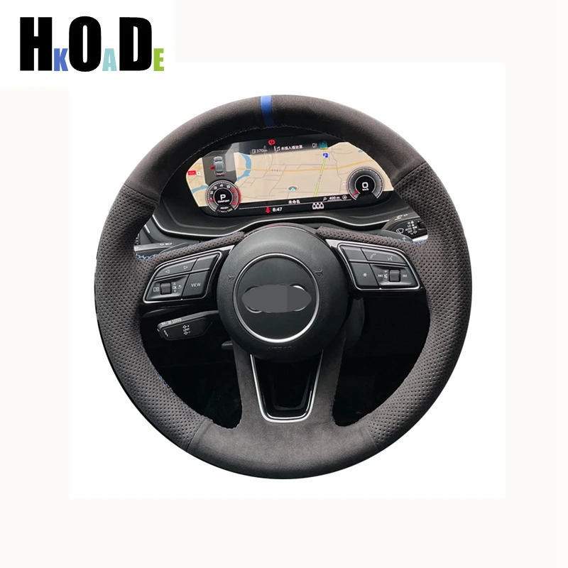 For Audi A4 (B9) Avant A5 (F5) Q2 A1 (8X) Sportback A3 (8V) DIY Hand-stitched Black Suede Car Steering Wheel Cover