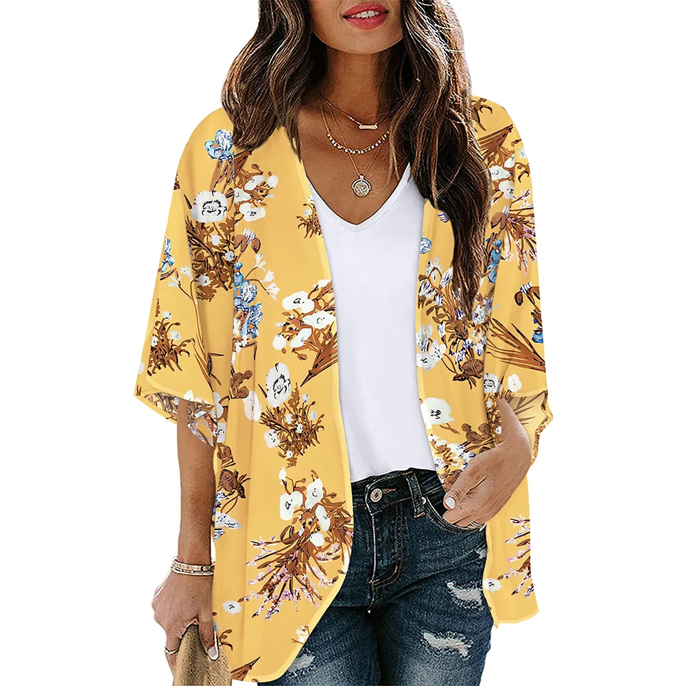 Badpak Vrouw 2023 Boho Bedrukt Kimono Strand Cover Up Modieuze Zomer Chiffon Vest Met Korte Mouwen Sjaal Capes