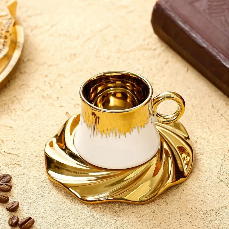 High Quality Middle East Saudi Arabia Ceramic Plated Coffee Cup Plate Set Golden Cup and Saucer Gift Box Set