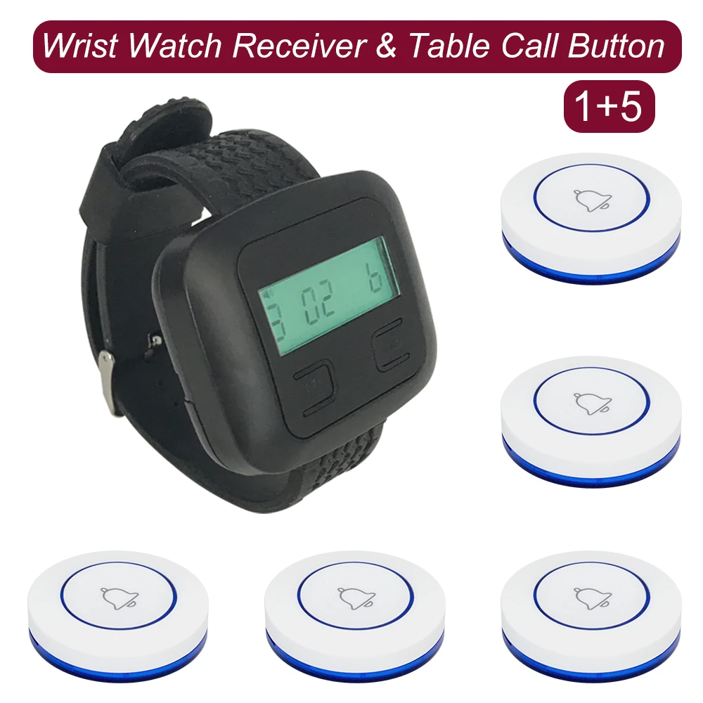 1 Piece Waiter Watch Pager Receiver in 433MHz 5 pcs of Call Bell Buttons Wireless Service Restaurant Hotel Cafe Calling System