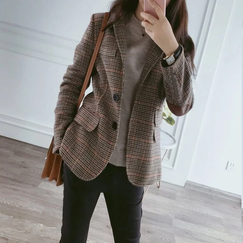 Plaid Woolen Suit Jacket Women's Autumn Winter New Style Vintage Slimming Casual Top Trendy Long Sleeve Regular Length