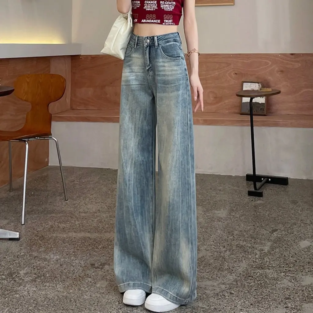 Damskie niebieskie jeansy z szerokimi nogawkami, proste, o kroju slim, długość do podłogi, luźny krój dla niskich osób, nowość na wiosnę i jesień.