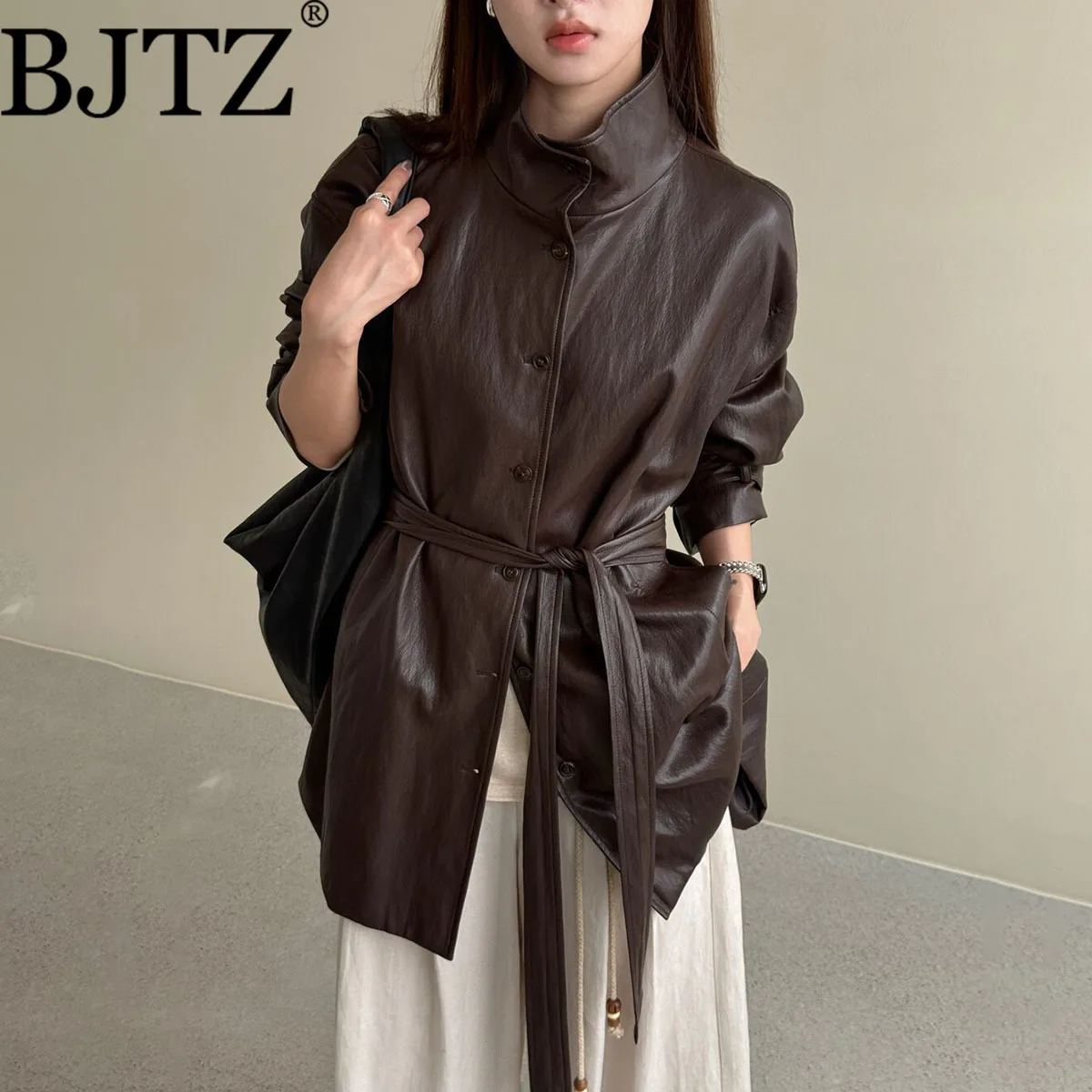 

BJTZ 2025 Spring Autumn Women’s PU Leather Jacket Belted Slim Fit Mid-Length Coat Elegant Office Workwear Weather Chic Tops