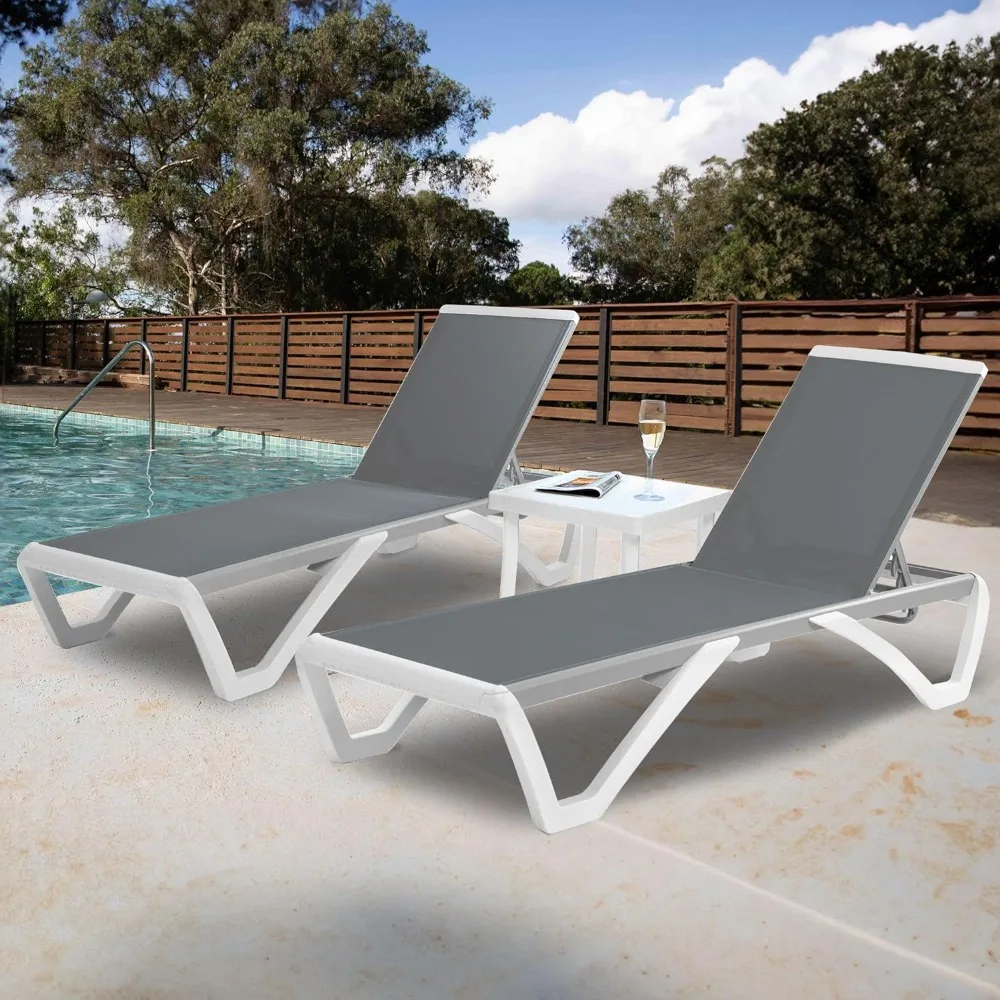 Patio Chaise Lounge Chair Full Flat, Outdoor Reclining Adjustable Chair for Patio, Lounge Set or Patio Table (2 Gray)