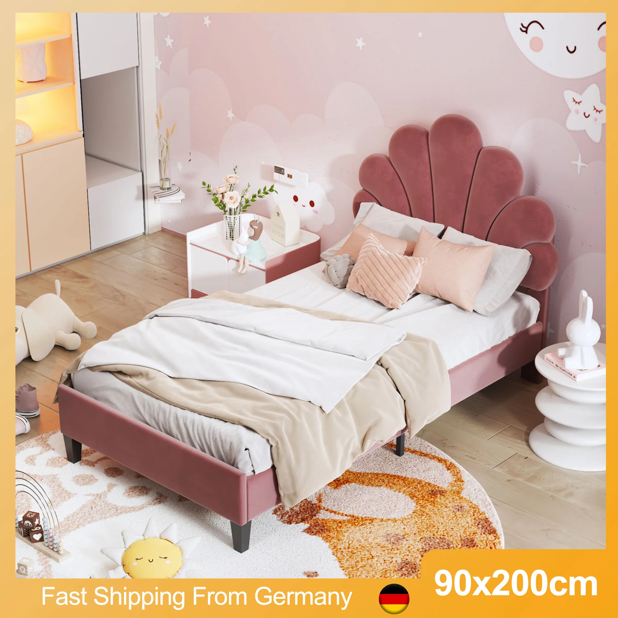 Flower-shaped Headboard Single Bed 90x200cm, Bed Frame with Slatted Frame Children Teen Girl Bed in Skin-Friendly Velvet Fabric