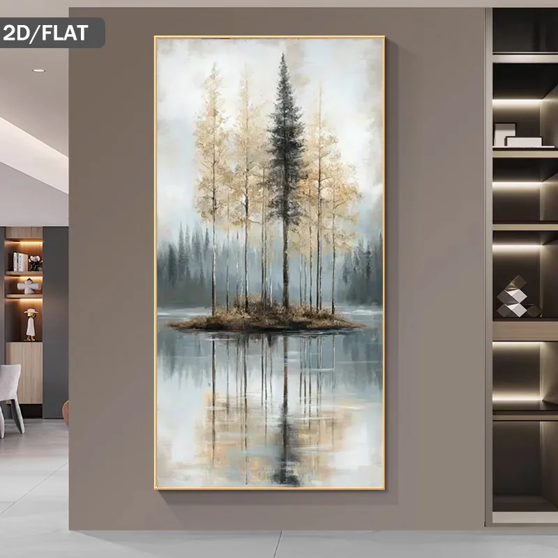 

2D Flat Canvas Art Modern Abstract Design Trees in A Misty Lake. Frameless Wall Art for Living Rooms and Bedrooms Poster Decor