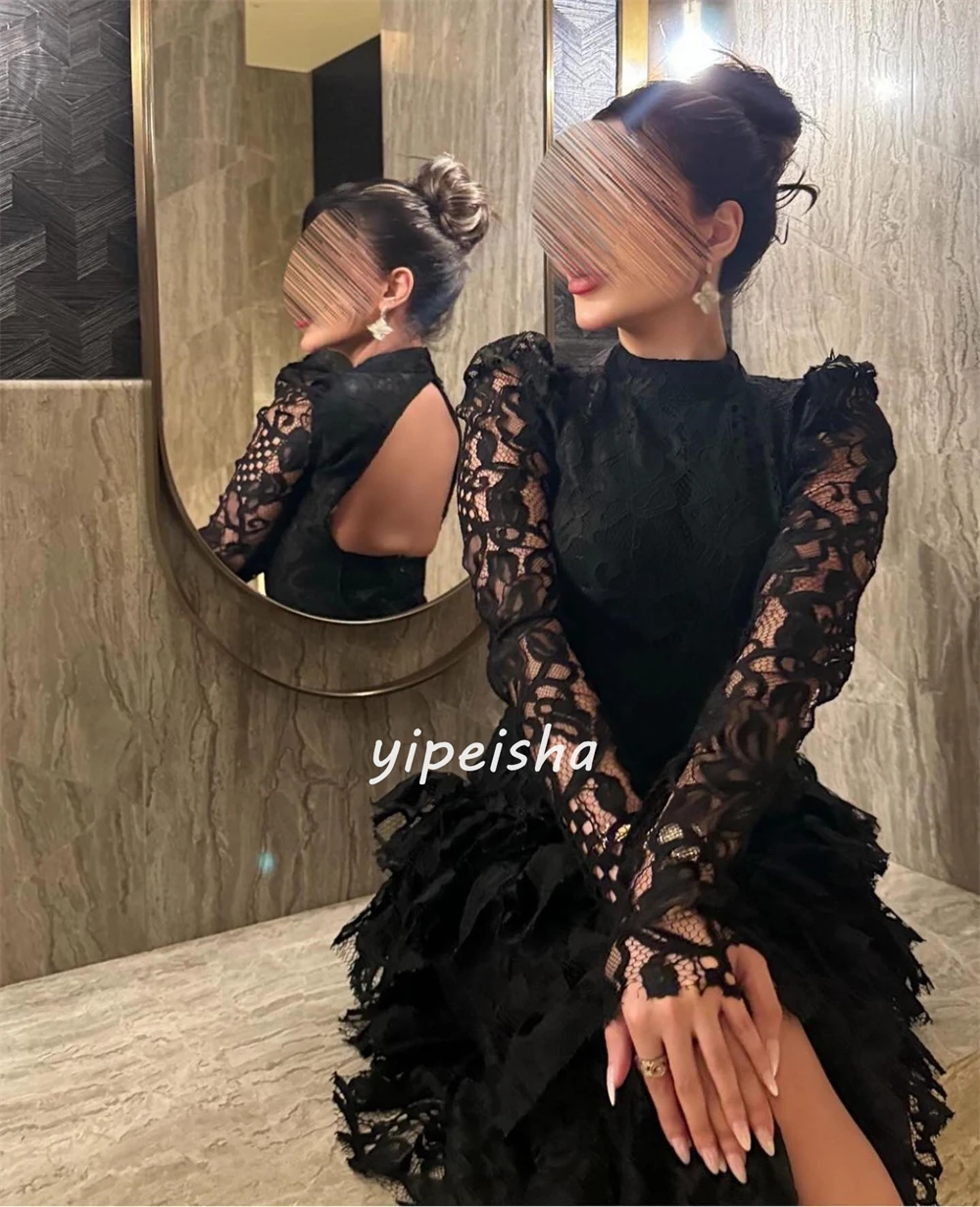 Customized Lace Pleat Clubbing A-line High Collar Bespoke Occasion Gown Long Dresses