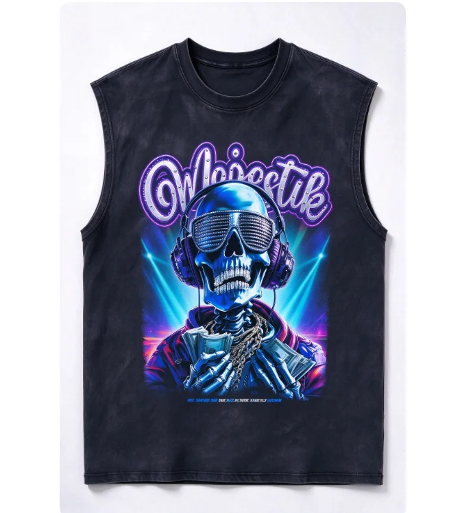 2026 new Washed tank top with neon DJ skull and script letter print, American EDM retro loose fit.
