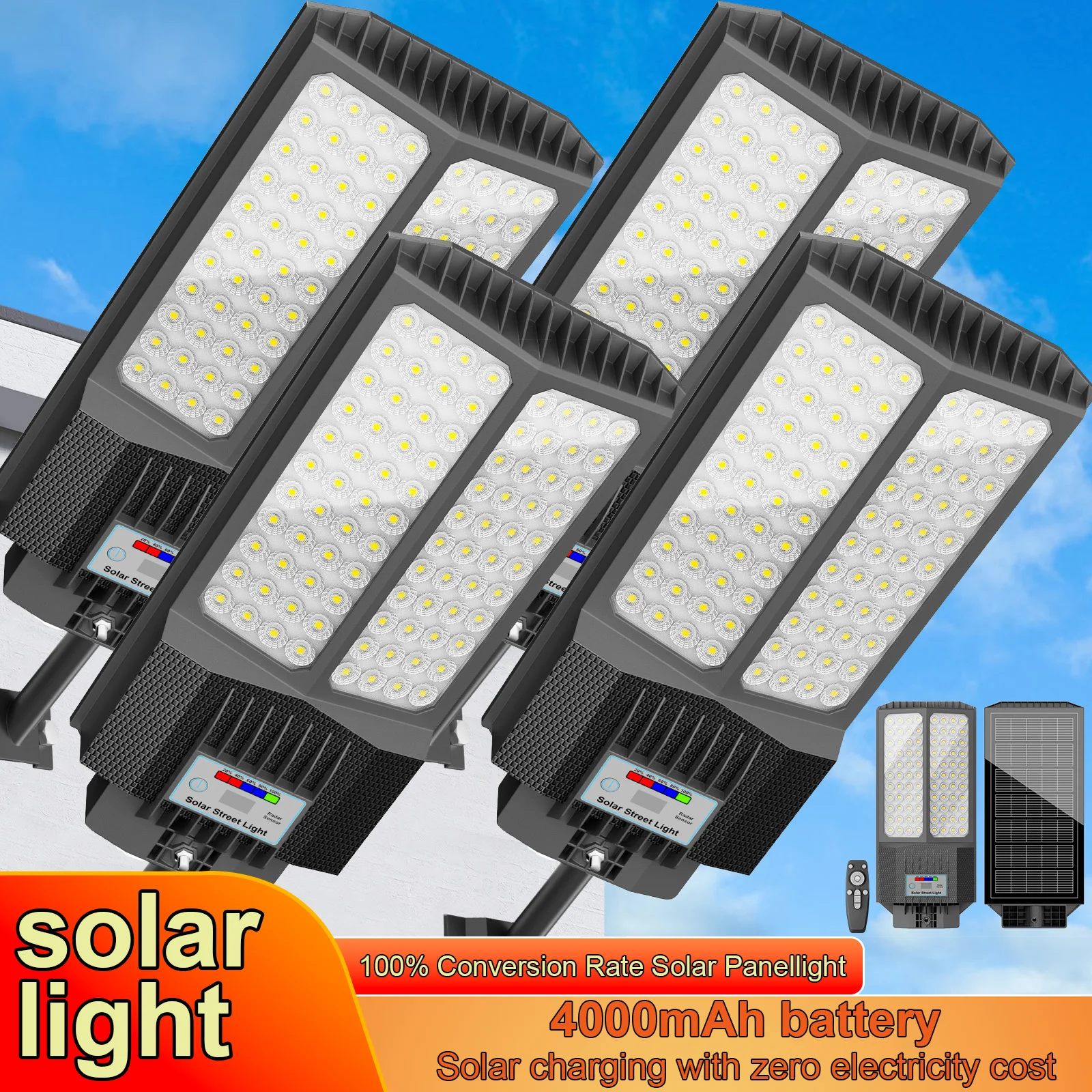 4-Pack Solar LED Street Lights Motion Sensor Remote Control Dusk to Dawn Auto Light Control 3 Adjustable Modes IP65 Waterproof Outdoor Lamp for Yard Patio Garage Basketball Court Walkway Parking Lot Street Lighting