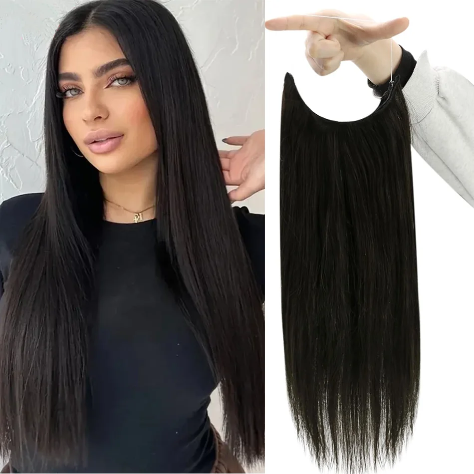 Fish Line One Piece Clips in Hair Extensions 100g Natural Black Brown 100% Human Hair with Invisible Adjustable Fish Wire