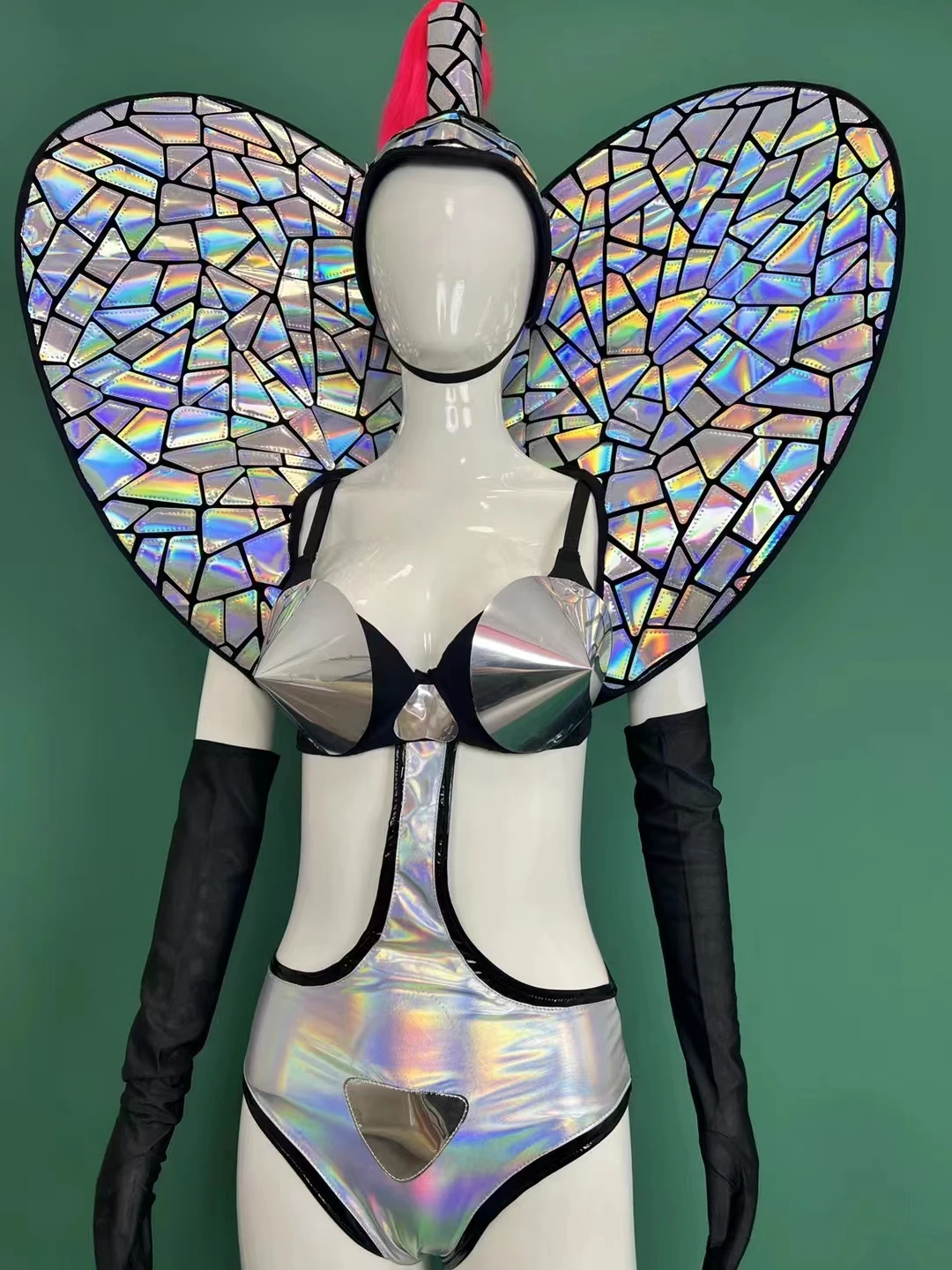 Strój do baru, klubu nocnego, dla kobiet, zespołu gogo, kostium, srebrny laserowy kombinezon z efektem lustra, nakrycie głowy z oświetleniem, strój rave dla piosenkarki, tancerki, na scenę