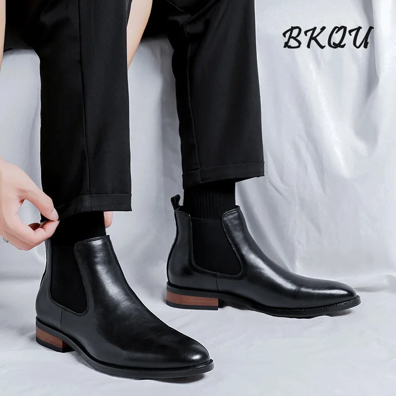 

BKQU Black English Chelsea Ankle Boots Men's High Top Simple High-grade Casual Business Formal Pointy Leather Boots A Slip-on