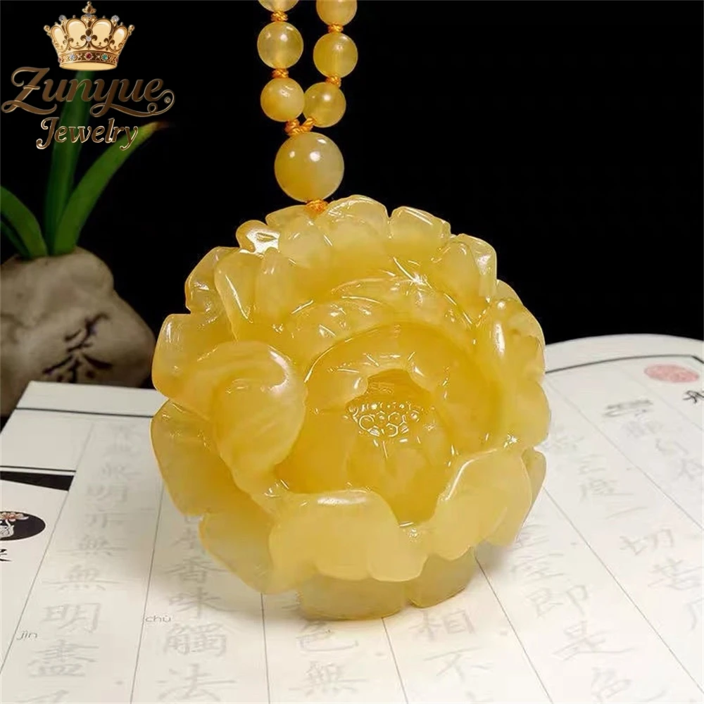 

Natural Yellow Dragon Jade Exquisitely Carved Peony Flower Jade Pendant Luxury Quality Jewelry Fashion Jewelry Exquisite Charms