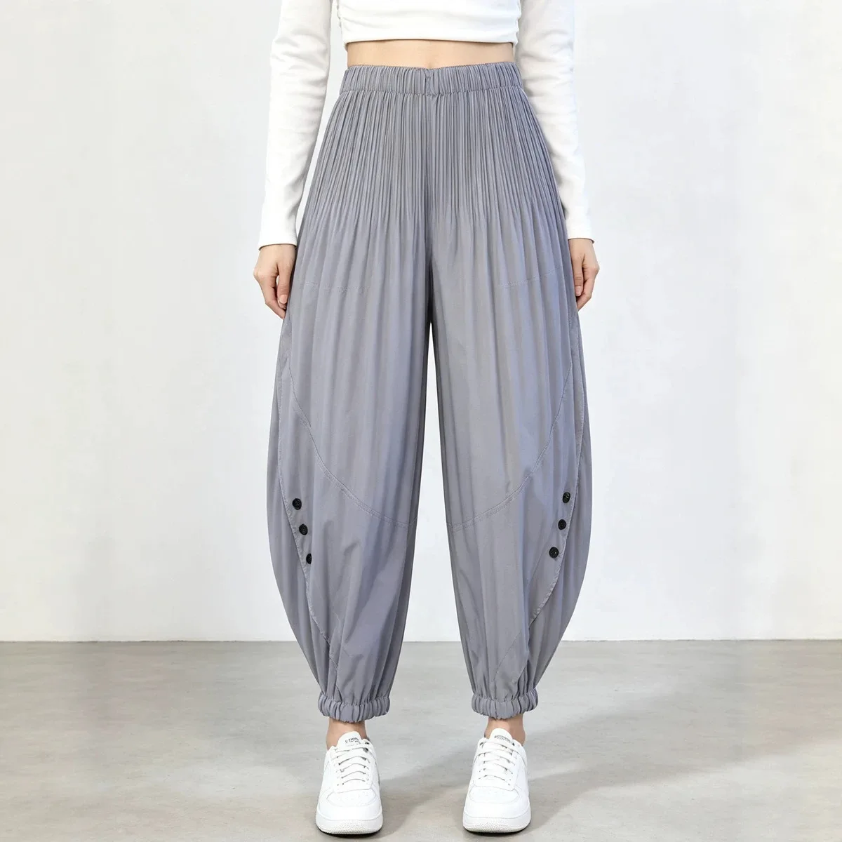Miyake Pleated Quality Harem Pants for Women with Elastic Waist and Buttoned Design Bloomers Casual Slimming Wide-leg Pants
