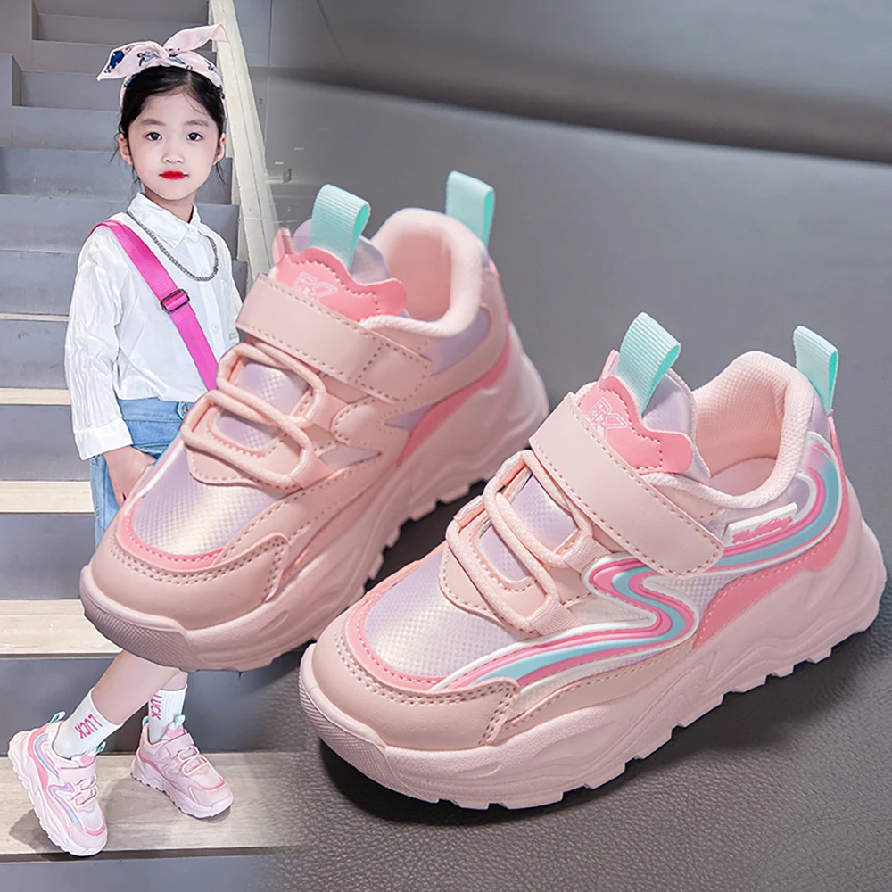 PU Leather Girl's Sneakers Trend Fashion Waterproof Outdoor Running Shoes For Kids Breathable Fashion Footwear For Teenager Girl