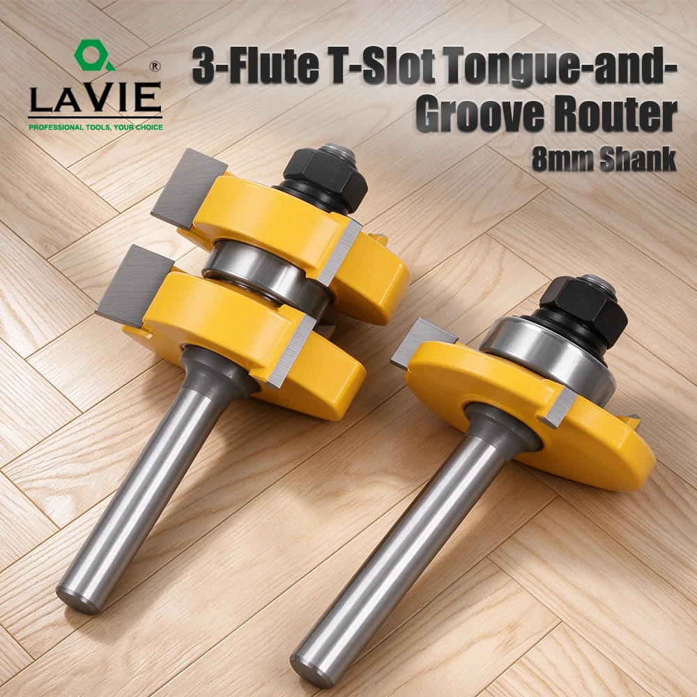 LAVIE 8mm Shank 3-Flute T-Slot Tongue Groove Router Bit, Bearing Guided Adjustable Milling Cutter For 1/2 Inch Joints MC02054