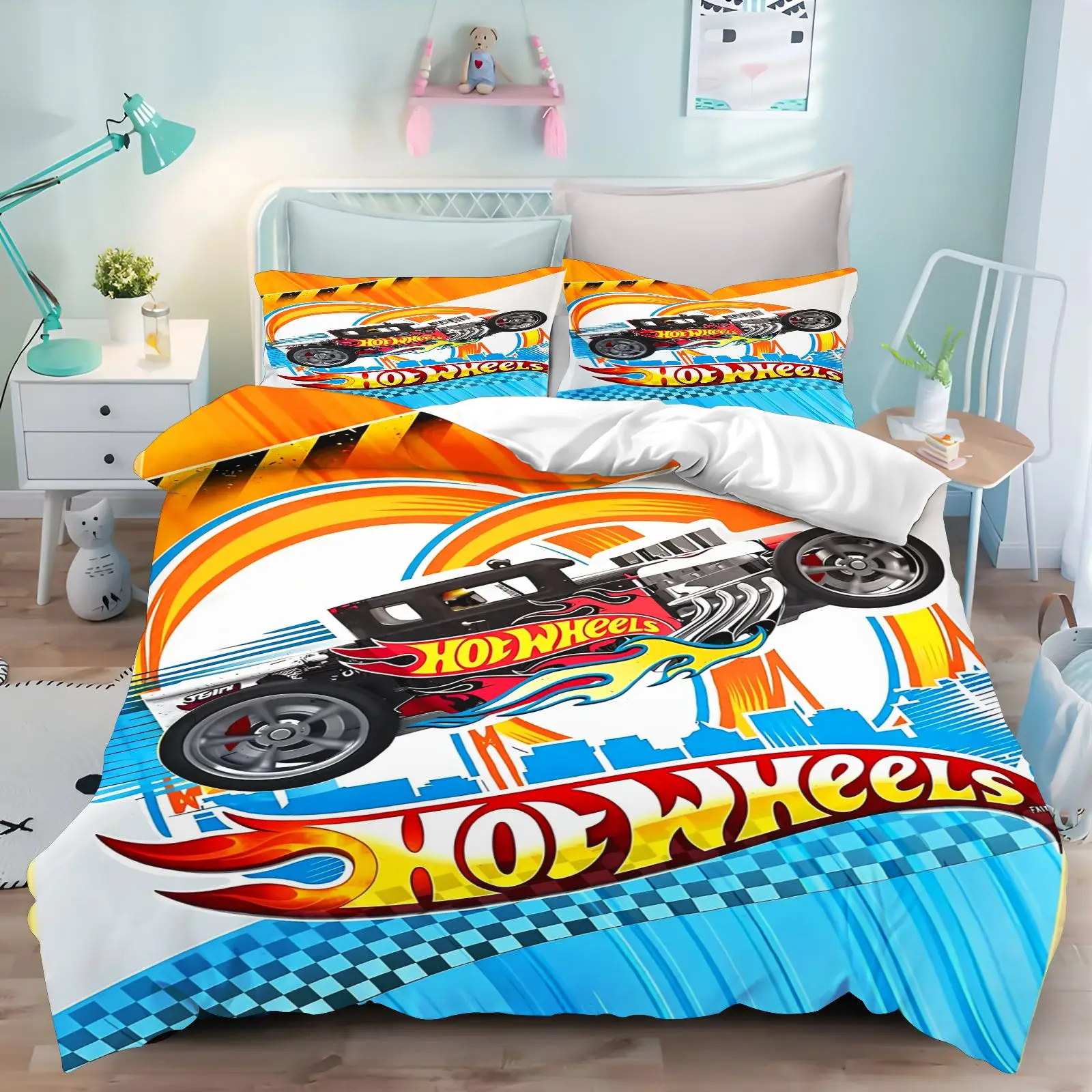 Hot Wheels Duvet Cover Set Cool Racing Car Monster Truck Print Bedding Set for Boys Kids Bedroom Soft Microfiber Quilt Cover