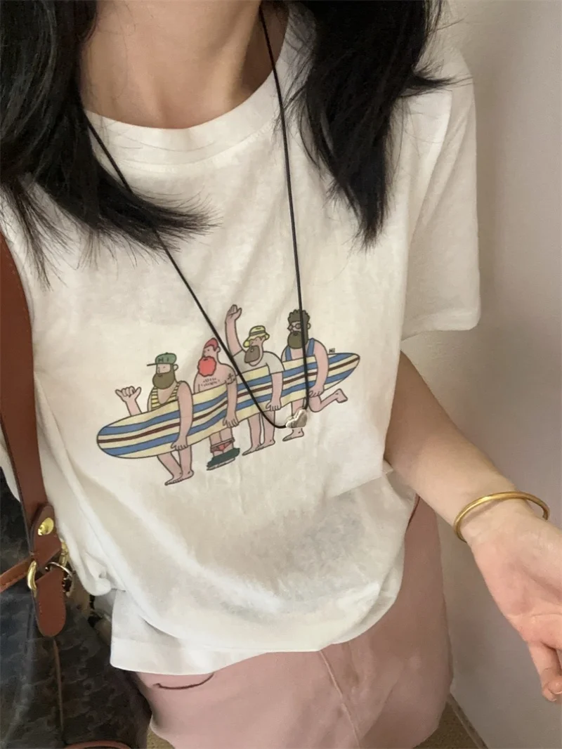 

Korean Style Loose Fit Short Sleeve round Neck Women's T-Shirt Snowflake Cotton Summer Cool Sensation Cartoon Sailing Ship Pr...