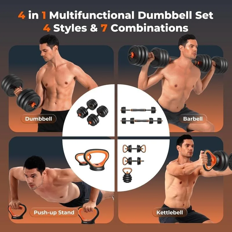 FEIERDUN Adjustable Dumbbells, 20/30/40/45/70lbs Free Weight Set with Connector, 4 in1 Dumbbells Set Used as Barbell,Kettlebells