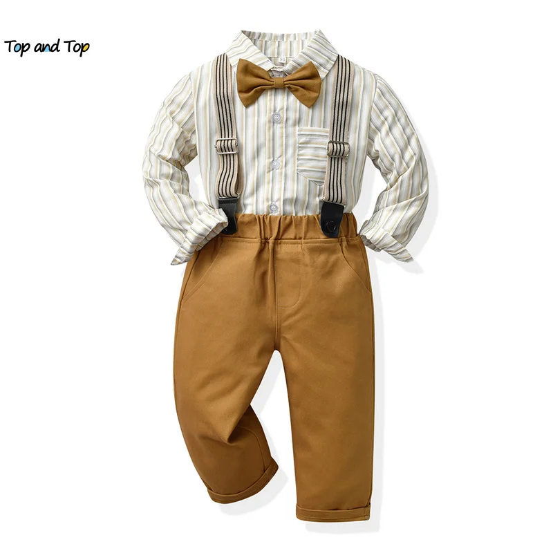 

top and top Children Boys Gentleman Clothing Sets Long Sleeve Bowtie Shirts Tops +Suspenders Pants Toddler Boys Casual Outfits