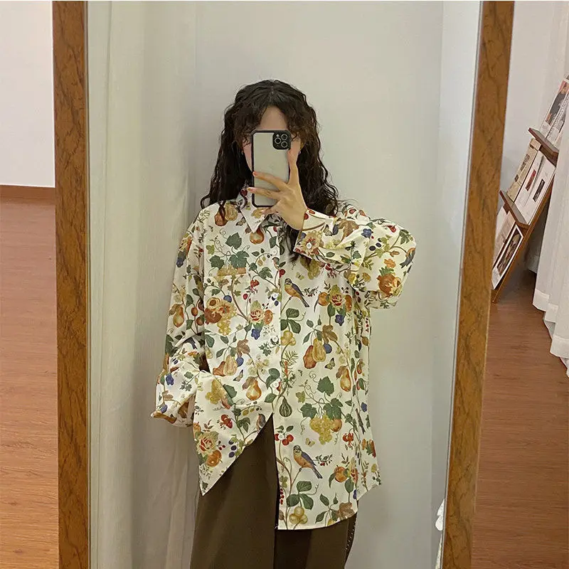 New American Retro Loose Hong Kong Style Floral Long Sleeved Shirt with a Sense of Design Niche Shirt Top Trend