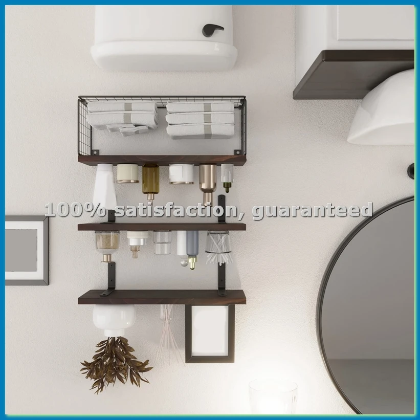 

Bathroom Shelves over Toilet, Floating Bathroom Wall Shelves with Wire Basket, Shelf for Wall Decor Wood-AT35