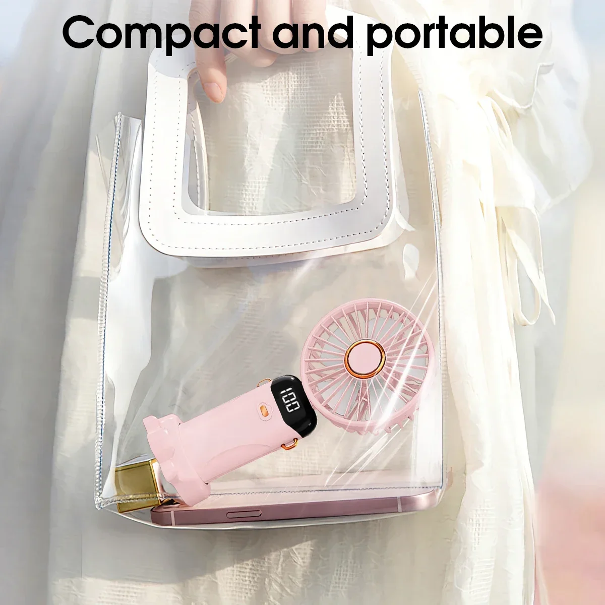 USB Rechargeable Handheld Fan 1200mAh 6 Speeds Foldable LED Light Blade Portable Mini Fan Personal Cooler for Home Gift