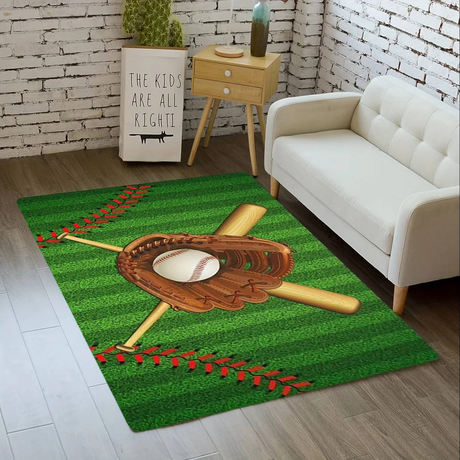 Classic Baseball Pattern Floor Mat, Sports Theme Non-Slip Rug for Living Room and Bedroom, Washable Home Decoration Gift