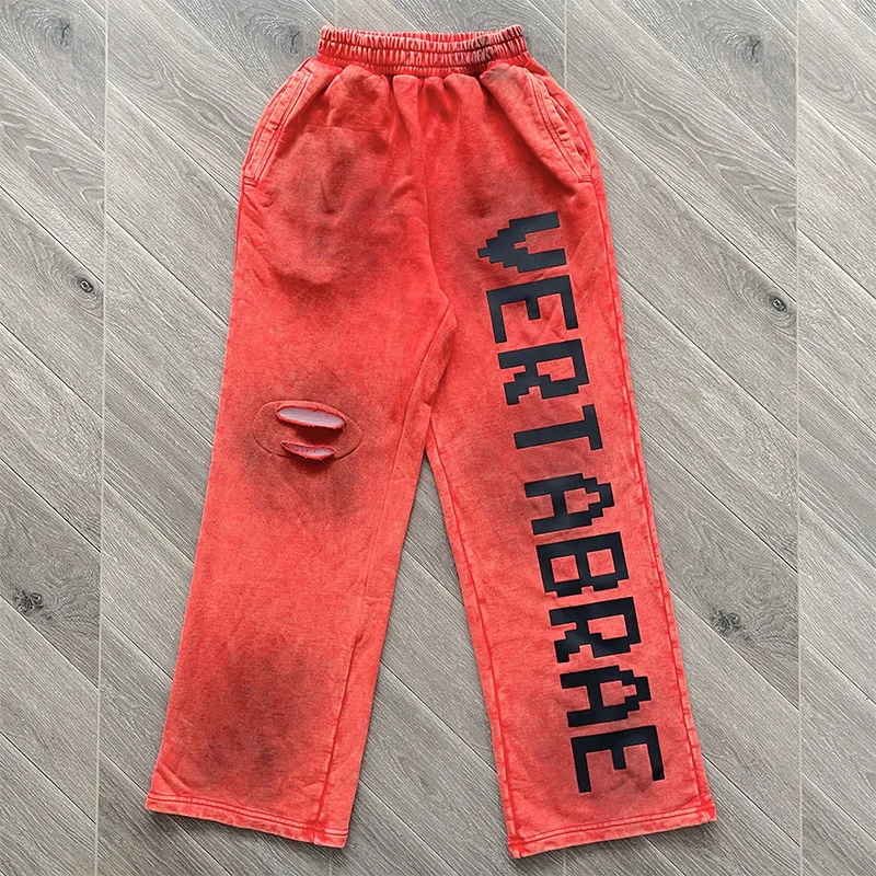 Stain Vertabrae Hole Sweatpants Men Women American Washed Loose Straight Pants Big Print Label Jogger Trousers