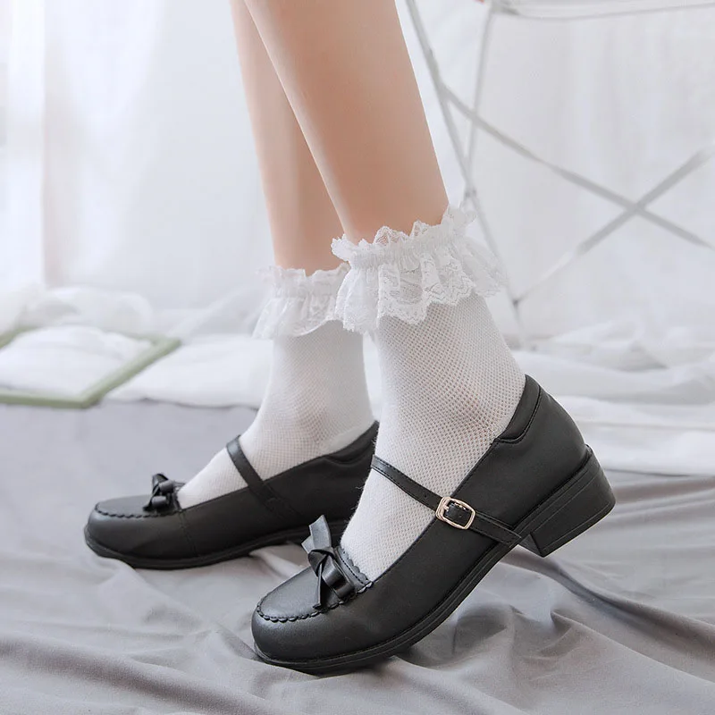 Women Socks with Ruffles Mesh Thin Lace Sweet Girls Japanese Fashion Lolita Kawaii Cute Ankle Sock Cotton Summer Thin Short Sox