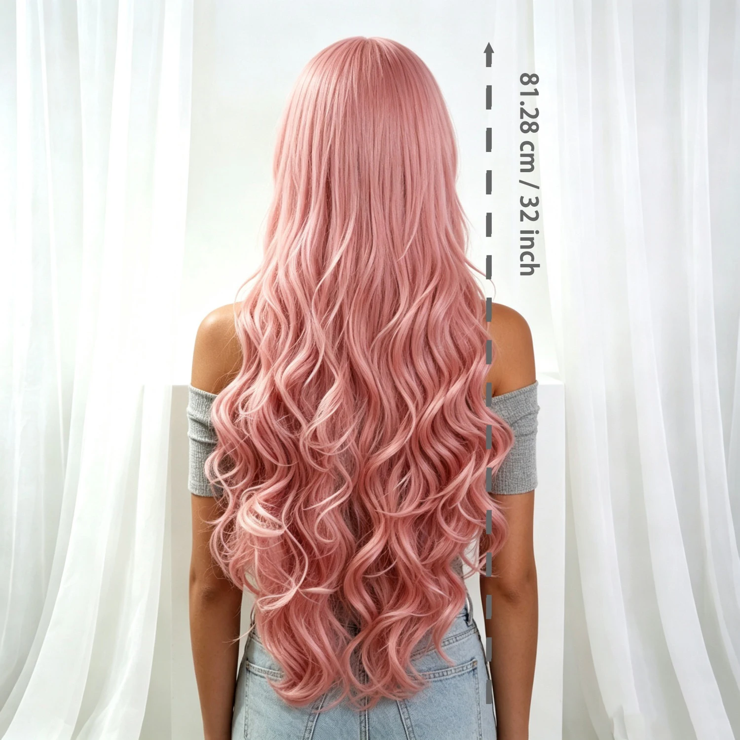 Women Long Pastel Pink Wavy Curly Synthetic Wig Heat Resistant Pink Hair Wig with Bangs Cosplay Party Halloween Wigs For Woman