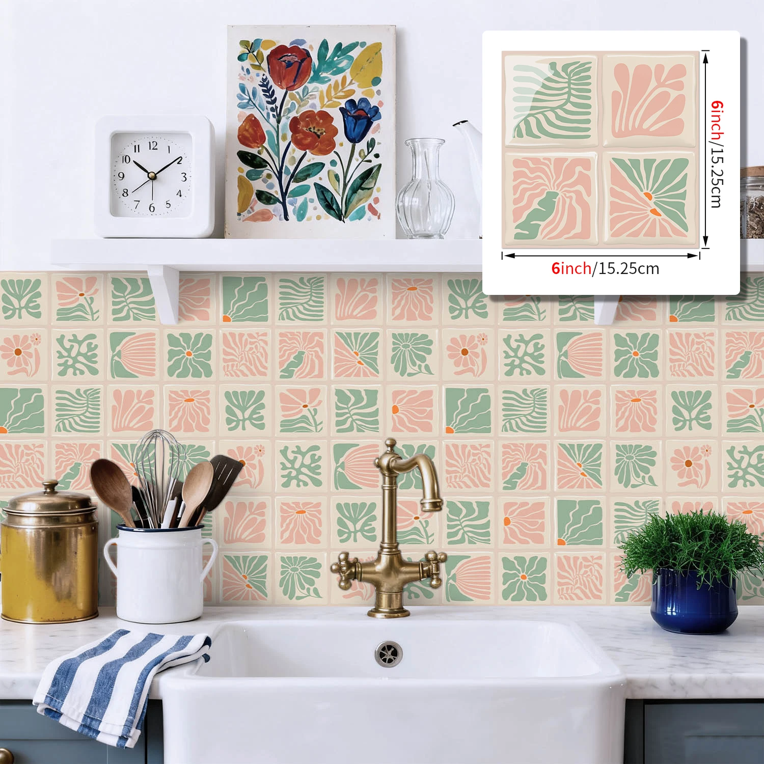 20pcs 3D PVC Nordic minimalist abstract plant and flower glossy square wall stickers, 15.25*15.25cm