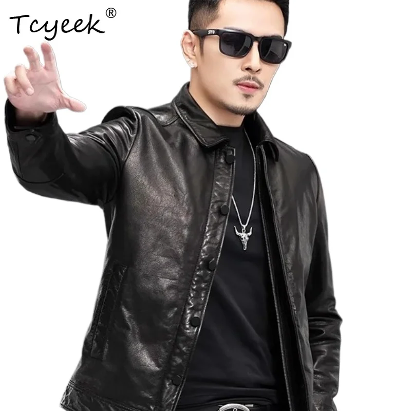 

Tcyeek Top Layer Cowskin Spring Autumn High End Trendy Lapel Black Short Men's Genuine Leather Jacket Chaqueta Cuero Hombre