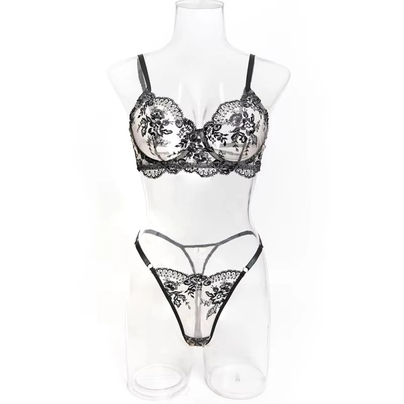 Bikini mesh heavy embroidery floral see-through two-piece swimsuit set for women