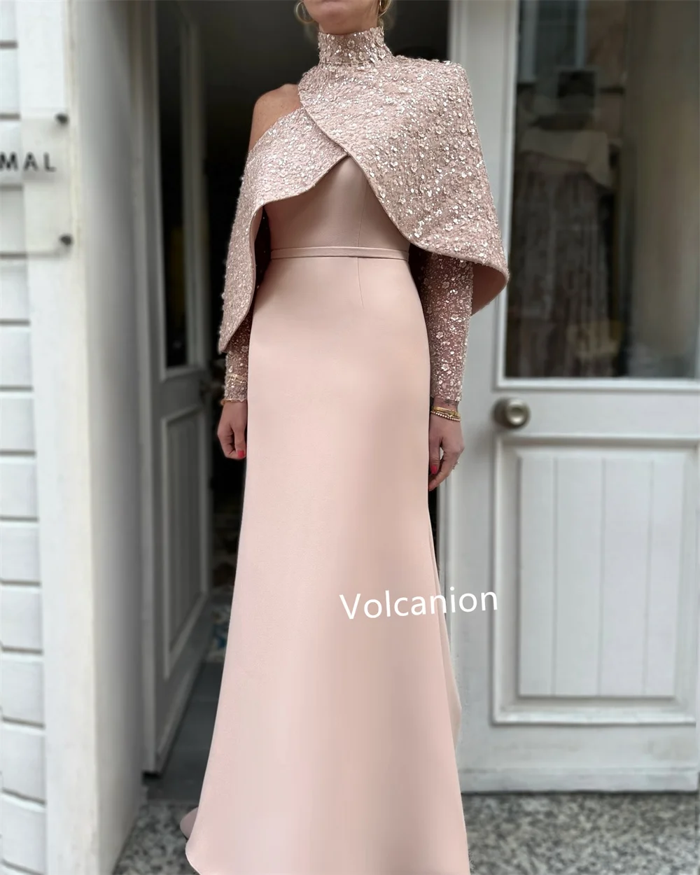 Customized Jersey Sequined A-line High Collar Midi Dresses Bespoke Occasion Evening Party Exquisite Sparkle Quality