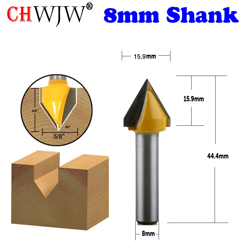 

CHWJW 1 шт. хвостовик 8 мм 60 ° Фреза с V-образным пазом — 1/2 дюйма Ш X 5/8 дюйма В Деревообрабатывающий резак Шиповый резак для деревообрабатывающих инструментов