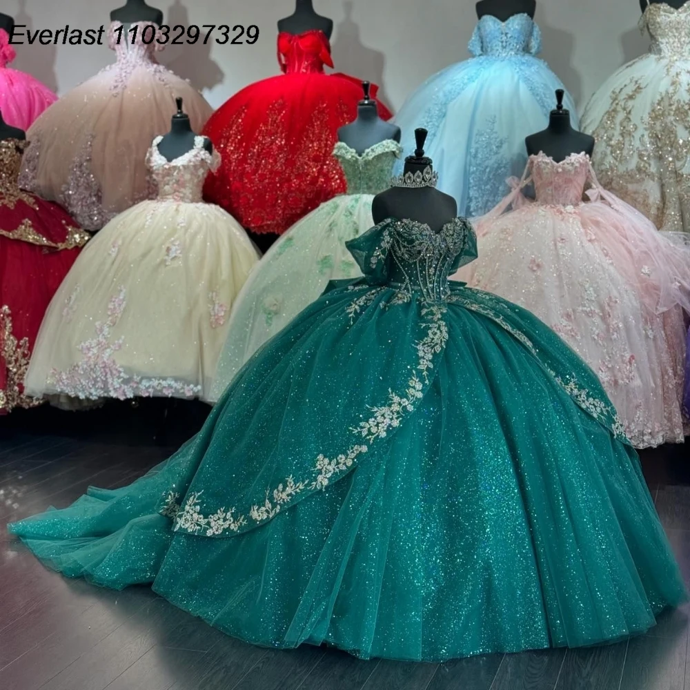 EVLAST Customized Green Quinceanera Dress Ball Gown Lace Applique Beaded Tiered Bow Corset Sweet 16 Vestido De 15 Anos QD1053